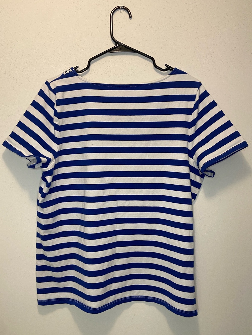 Talbots White and Royal Blue Striped Short Sleeve Top with Beaded Collar - Picture 3 of 7